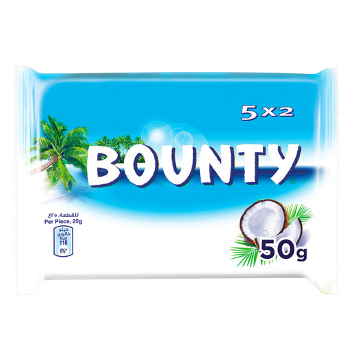 باونتي شوكولاتة بالحليب وجوز الهند، عبوة متعددة، 5 × 50 جم