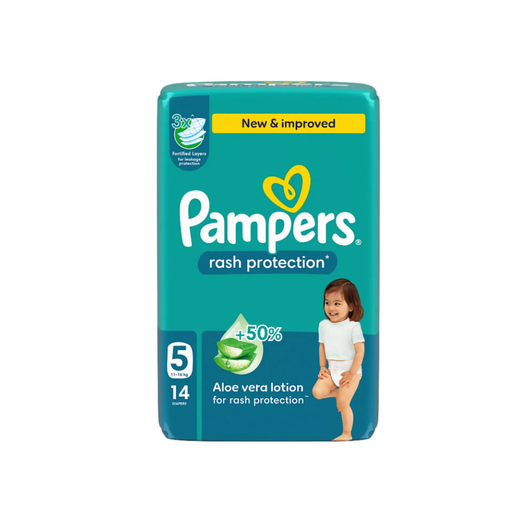 بامبرز حفاضات راش بروتيكشن تيبد الحجم 5، 11-16 كيلو غرام، +50% لوشن الألوة فيرا لحماية من الطفح الجلدي، 14 قطعة