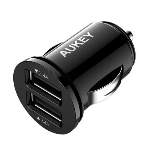 أوكي شاحن سيارة ، فائق السرعة 2xUSB ، AiPower 4.8a 24W - محول ثنائي المنافذ شاحن سيارة صغير جدًا - أسود
